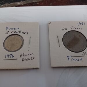 Vintage French Coins - 5 Centimes and 20 Francs